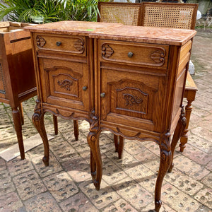 Beautiful Antique Oak Bedside Tables with Marble Top