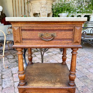 Single Antique Oak Bedside Pedestal with Marble Top - SOLD