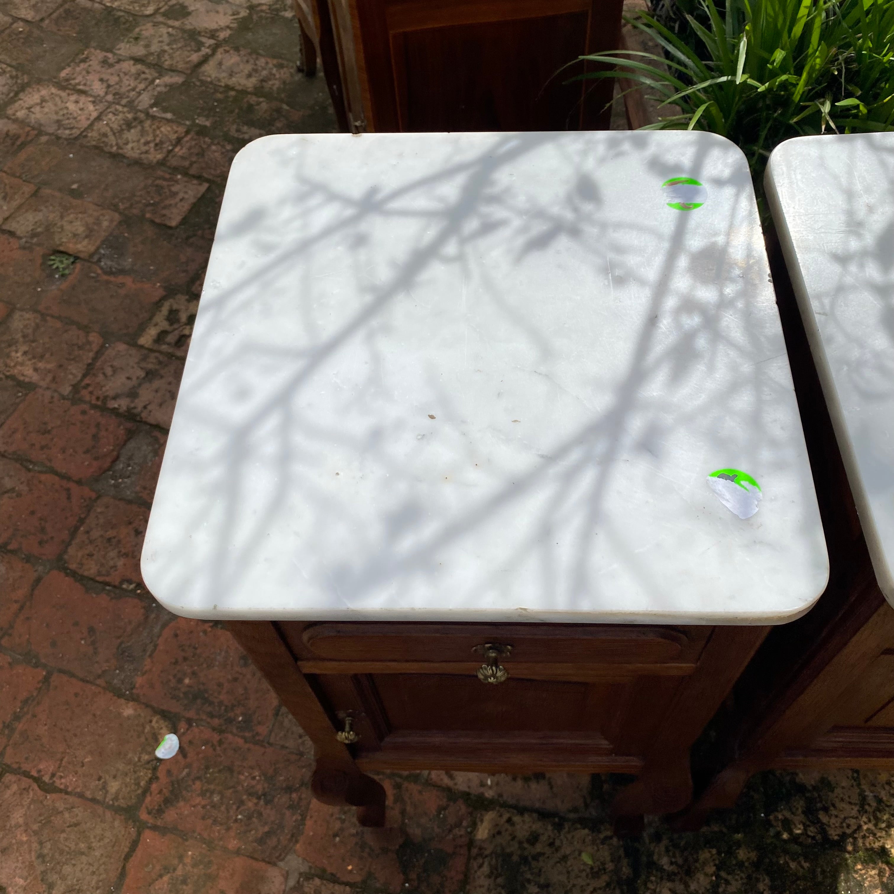 Antique Oak Pedestals with Marble Tops