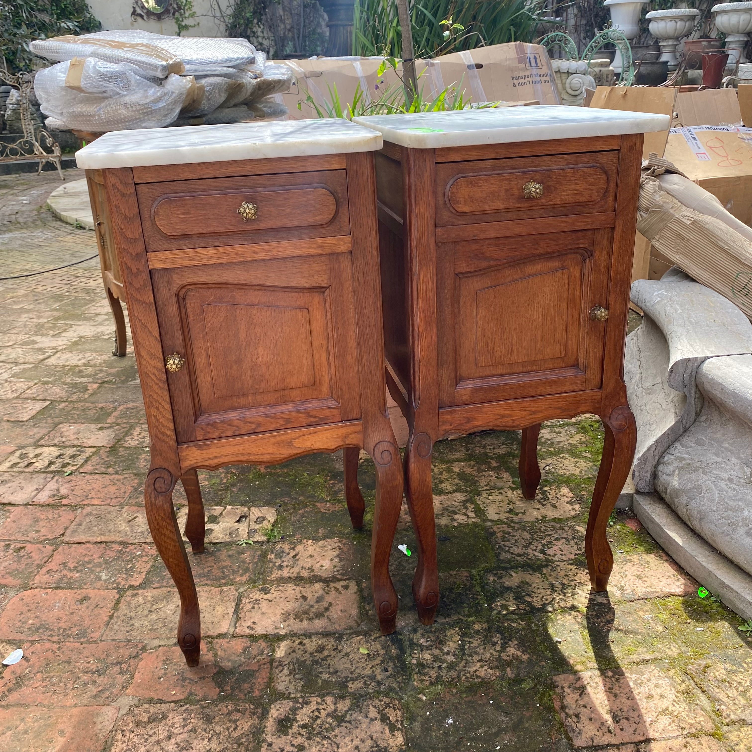 Antique Oak Pedestals with Marble Tops