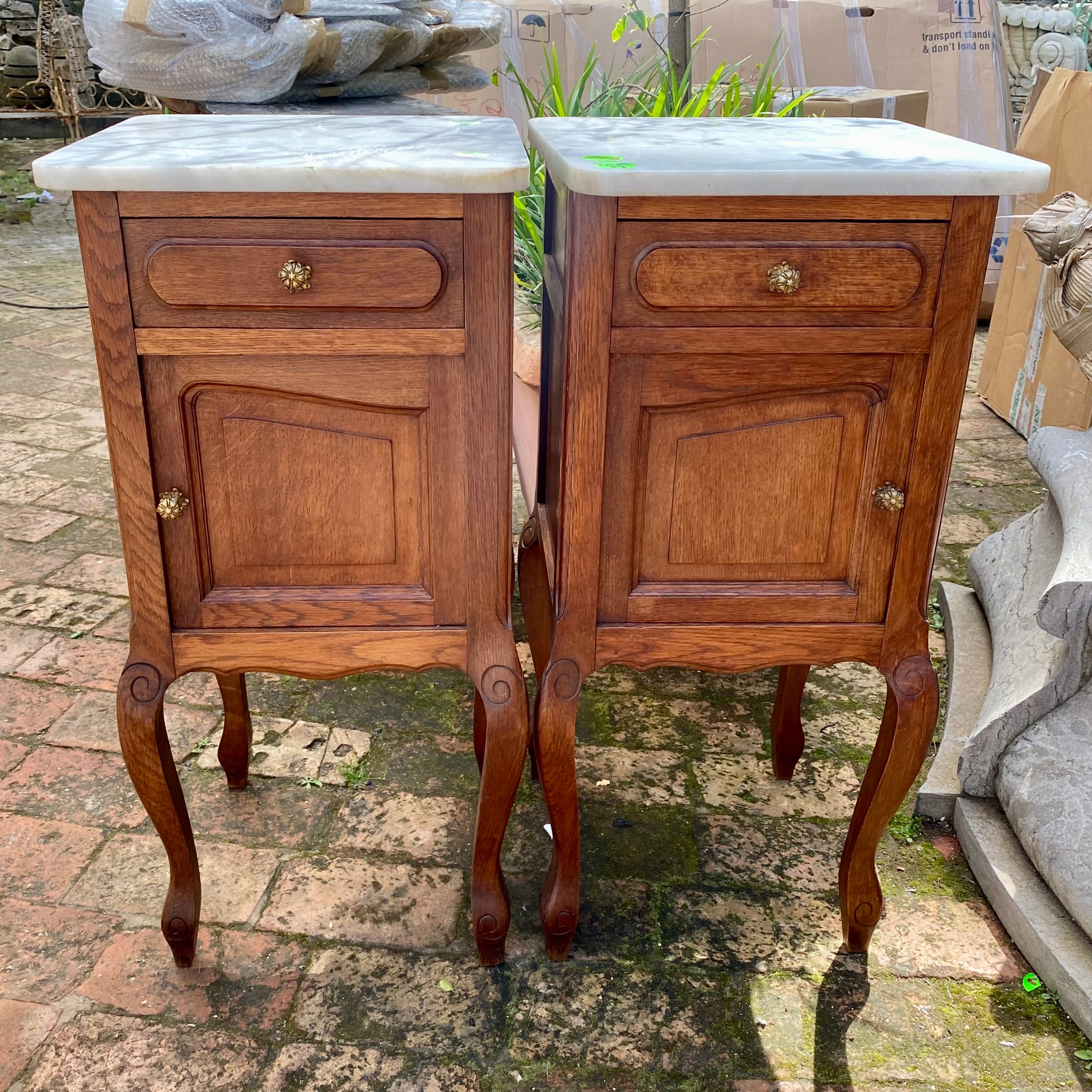 Antique Oak Pedestals with Marble Tops