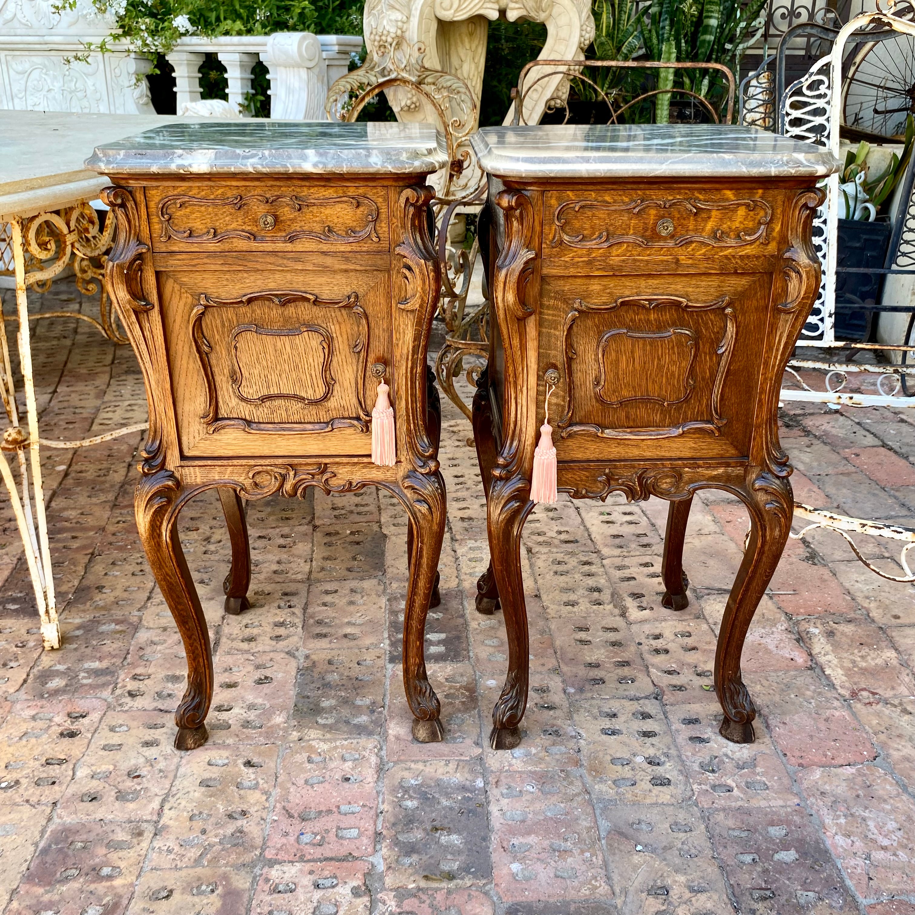 Pair of Art Nouveau Oak Bedside Pedestals with Marble Top