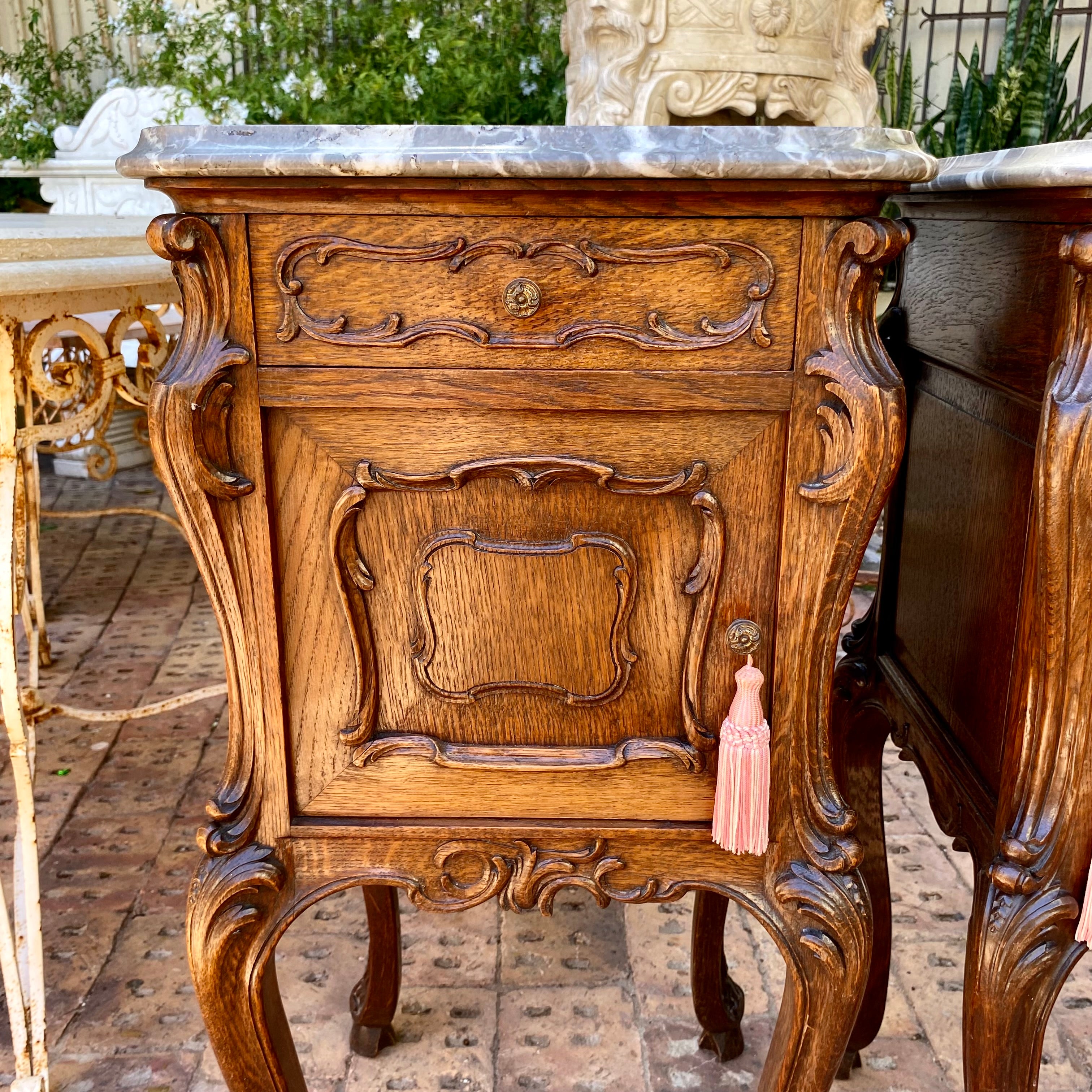 Pair of Art Nouveau Oak Bedside Pedestals with Marble Top