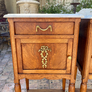 Gorgeous Pair of Antique Oak Bedside Pedestals with Cast Brass Detailing - SOLD