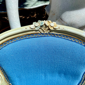 Pair of Cream and Gilt Salon Chairs with Ocean Blue Upholstrey