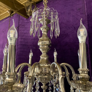 Antique Polished Nickel French Chandelier with Tear Drop Crystal