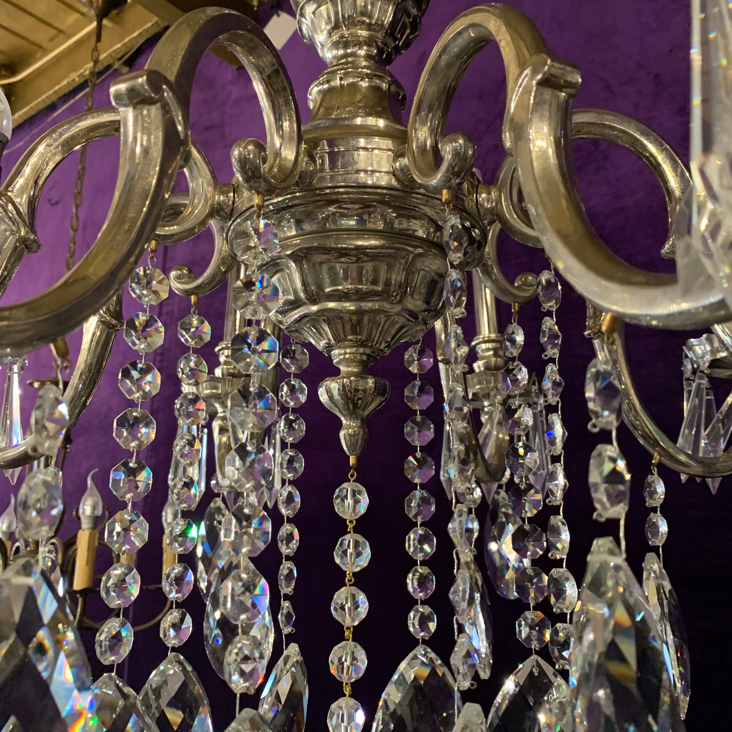 Antique Polished Nickel French Chandelier with Tear Drop Crystal