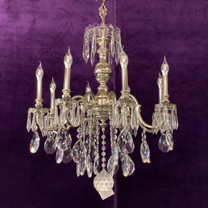 Antique Polished Nickel French Chandelier with Tear Drop Crystal