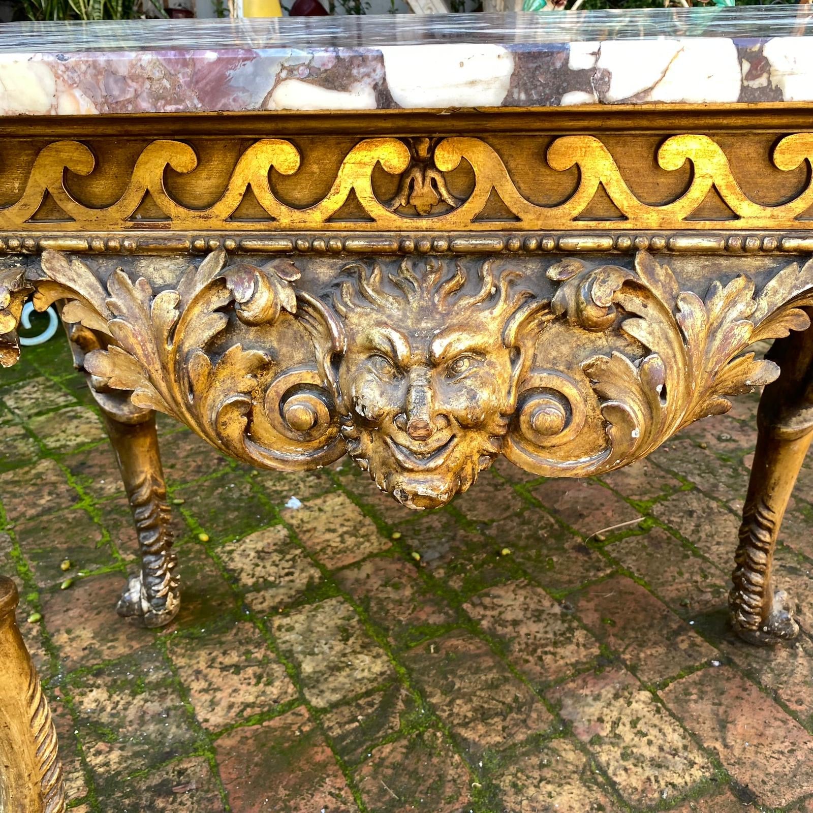 Antique Heavily Carved Gilded Console with Mottled Marble Top