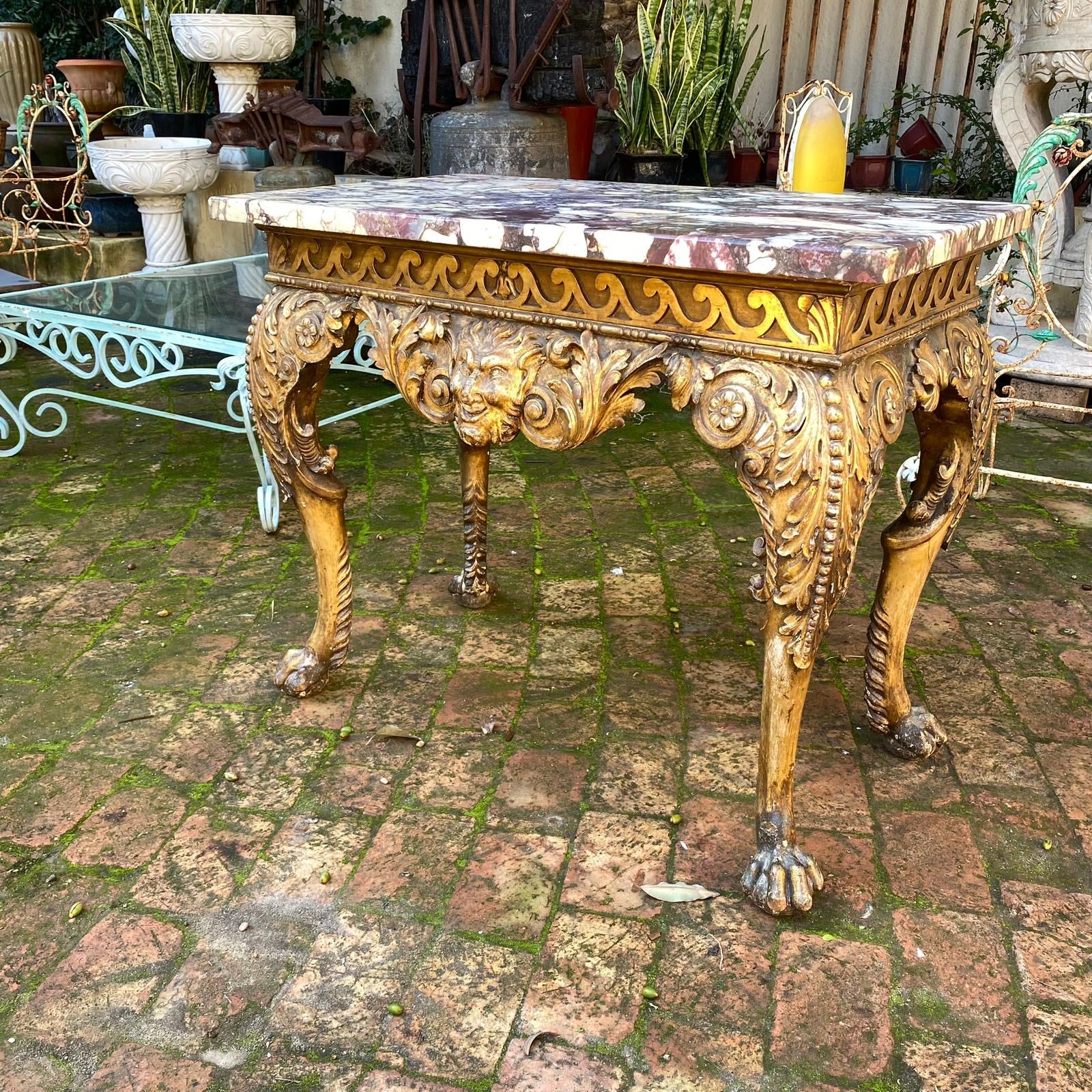 Antique Heavily Carved Gilded Console with Mottled Marble Top