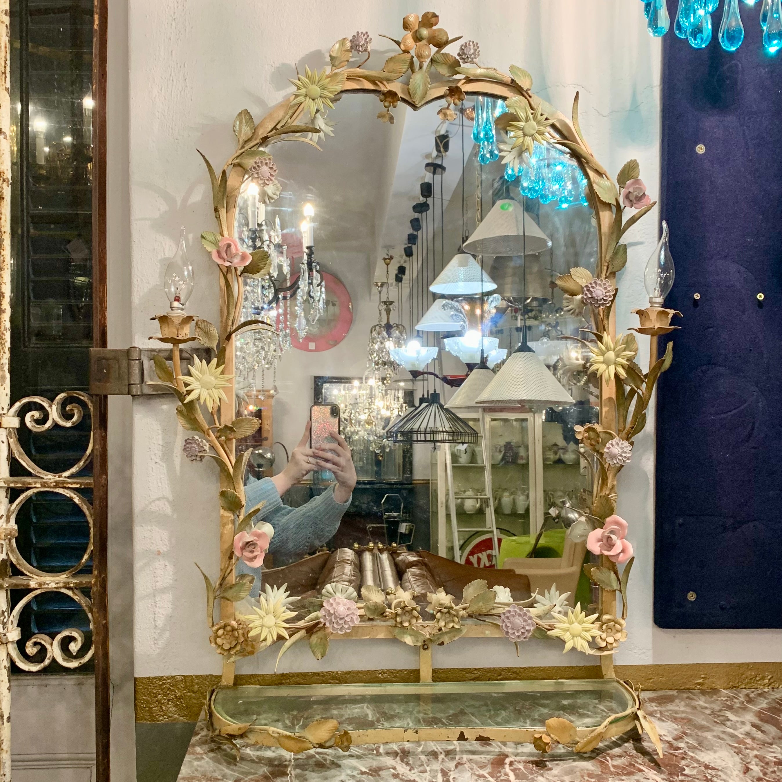 Stunning Wrought Iron Mirror with Porcelain Flowers