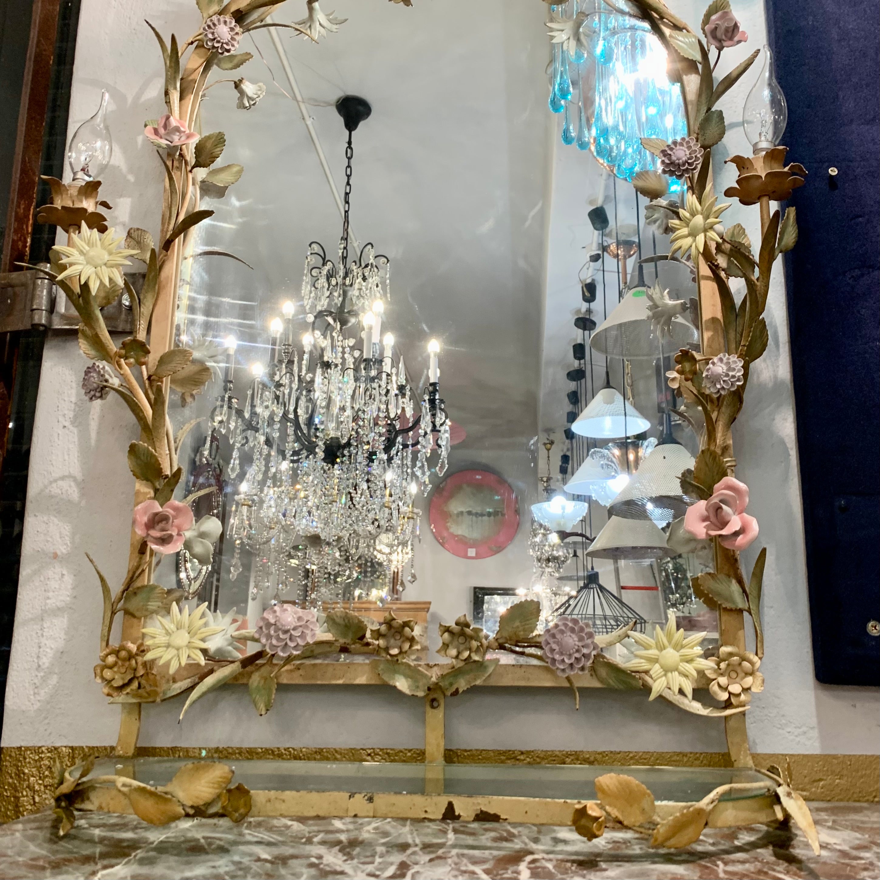 Stunning Wrought Iron Mirror with Porcelain Flowers