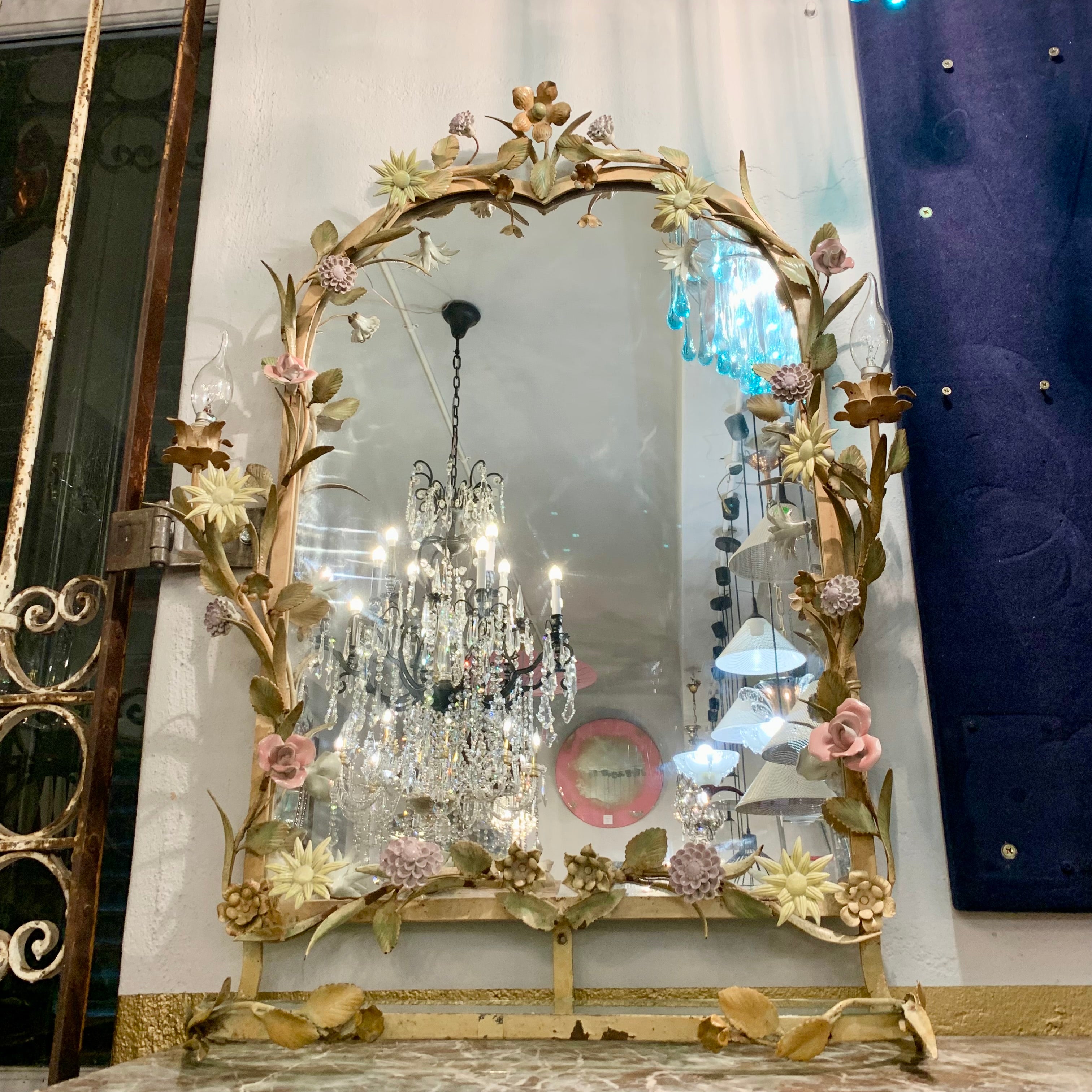 Stunning Wrought Iron Mirror with Porcelain Flowers