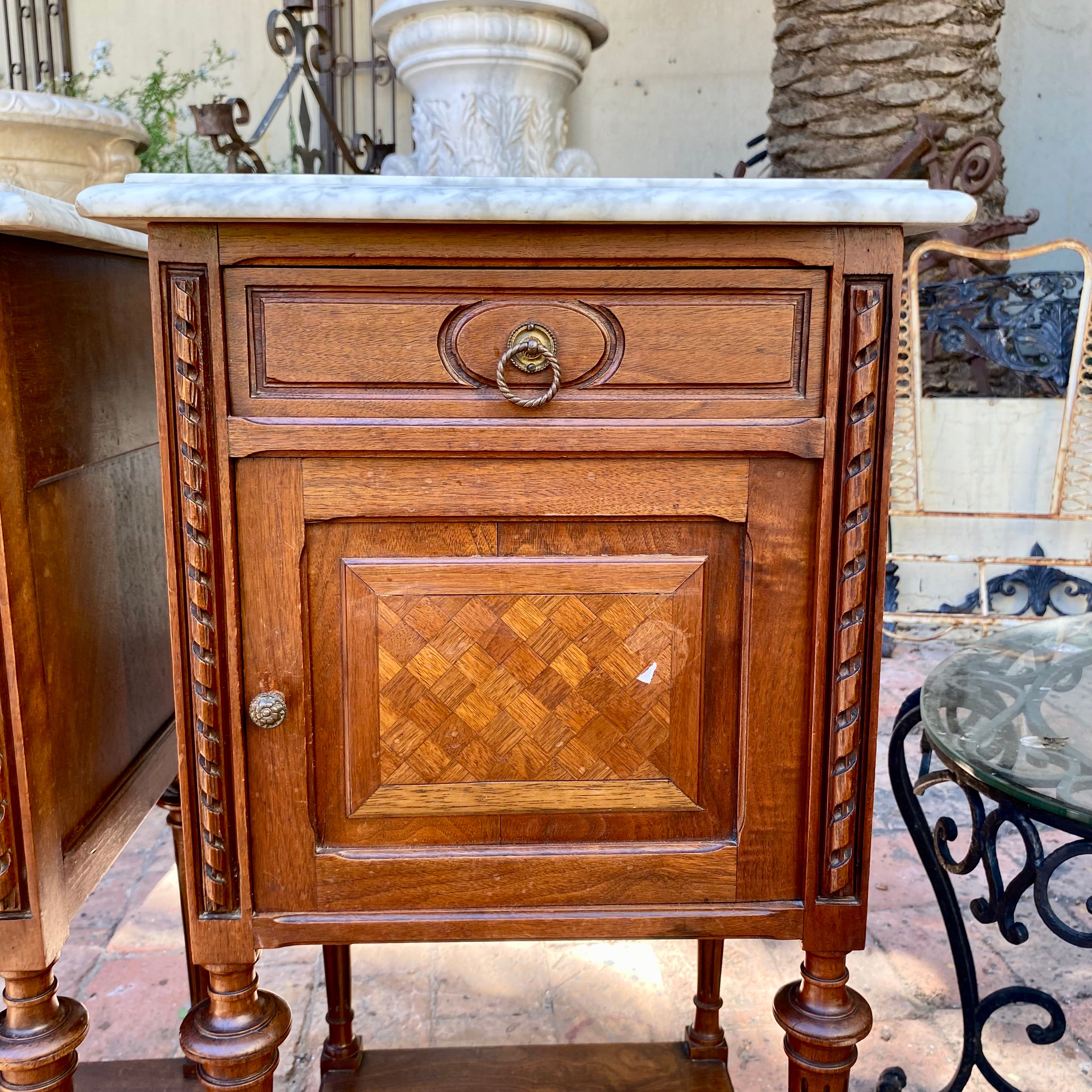 Stunning Pair of Antique Bedside Pedestals with Parquet Details - SOLD