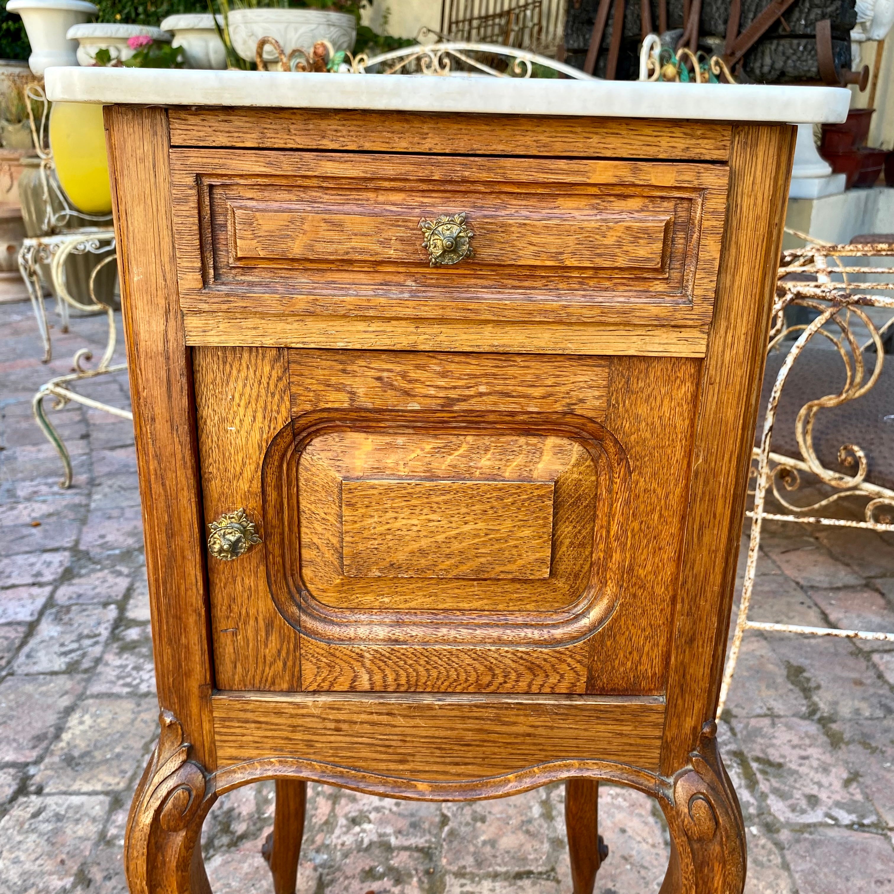 Single Antique Oak with Marble Top Bedside Pedestal - SOLD