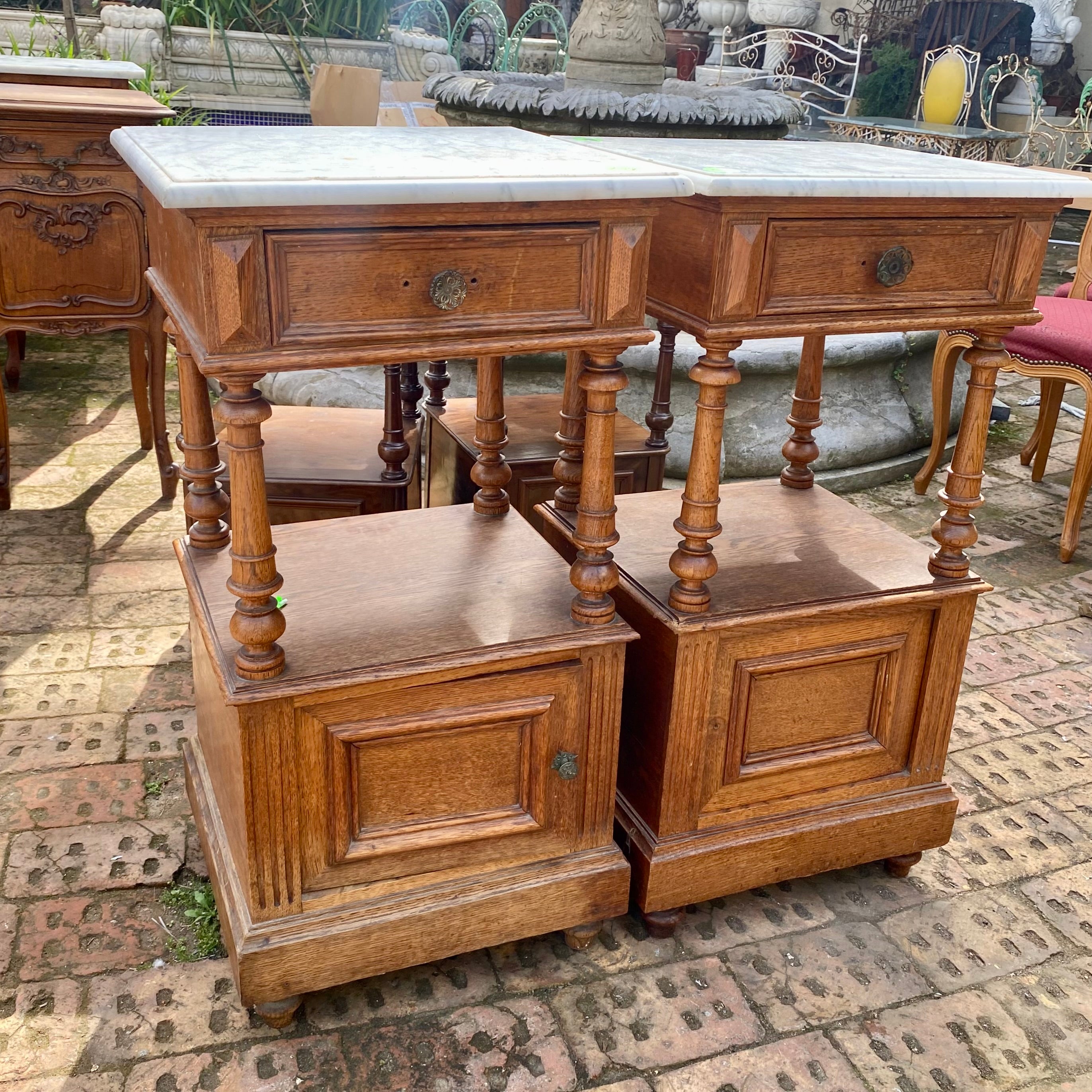 Antique Oak Bedside Pedestals with White Marble Top - SOLD