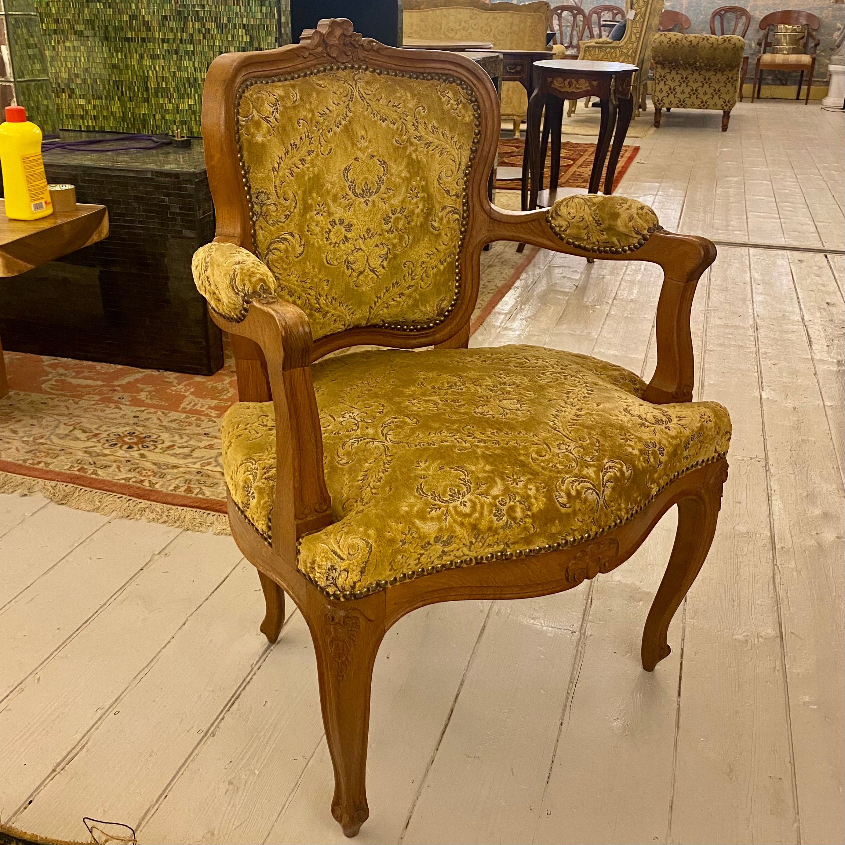 French Oak Upholstered Pair of Armchairs