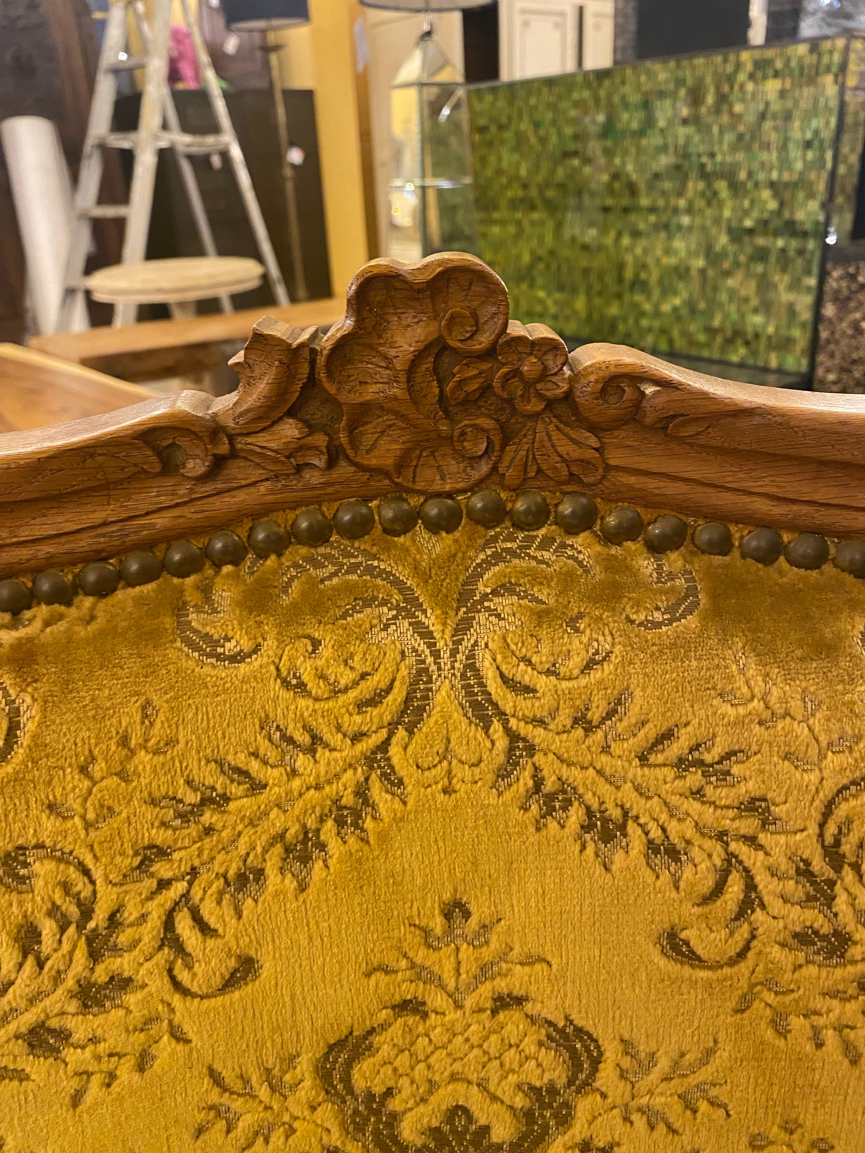 French Oak Upholstered Pair of Armchairs