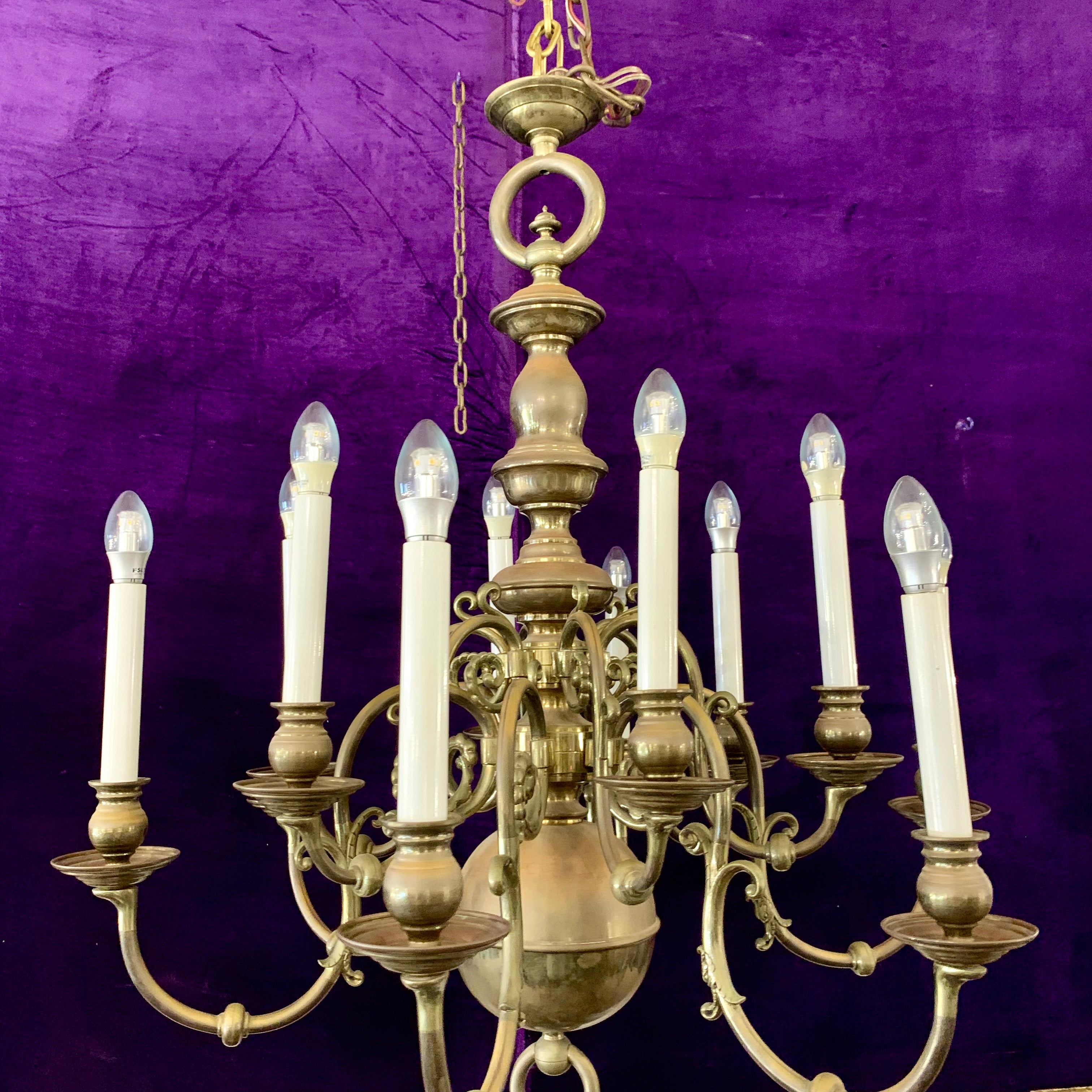 Antique Flemish Double Tier Chandelier in Polished Brass