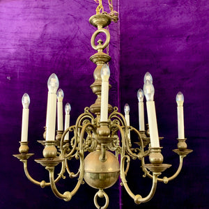 Antique Flemish Double Tier Chandelier in Polished Brass