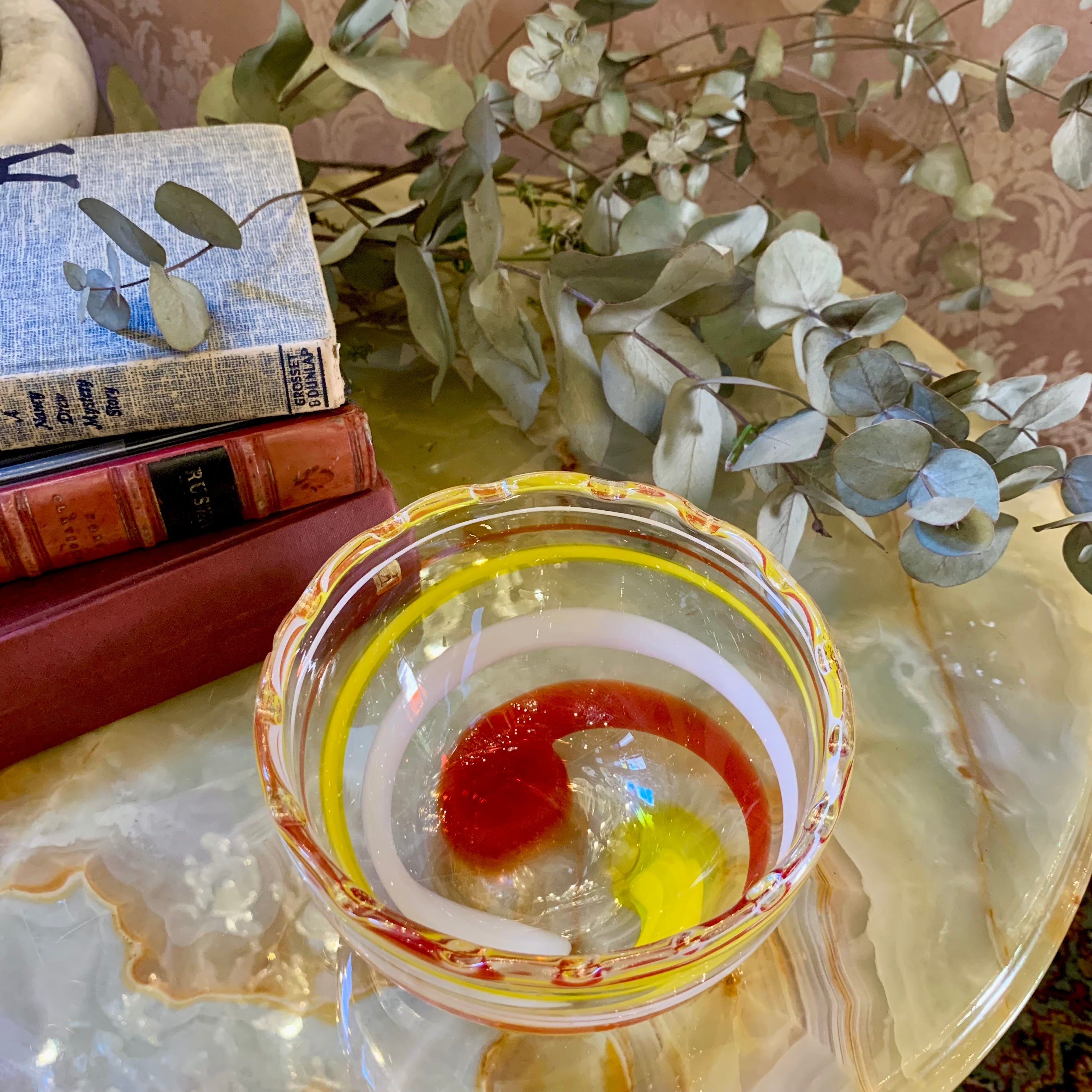 Vintage Orange Striped Clear Glass Bowl