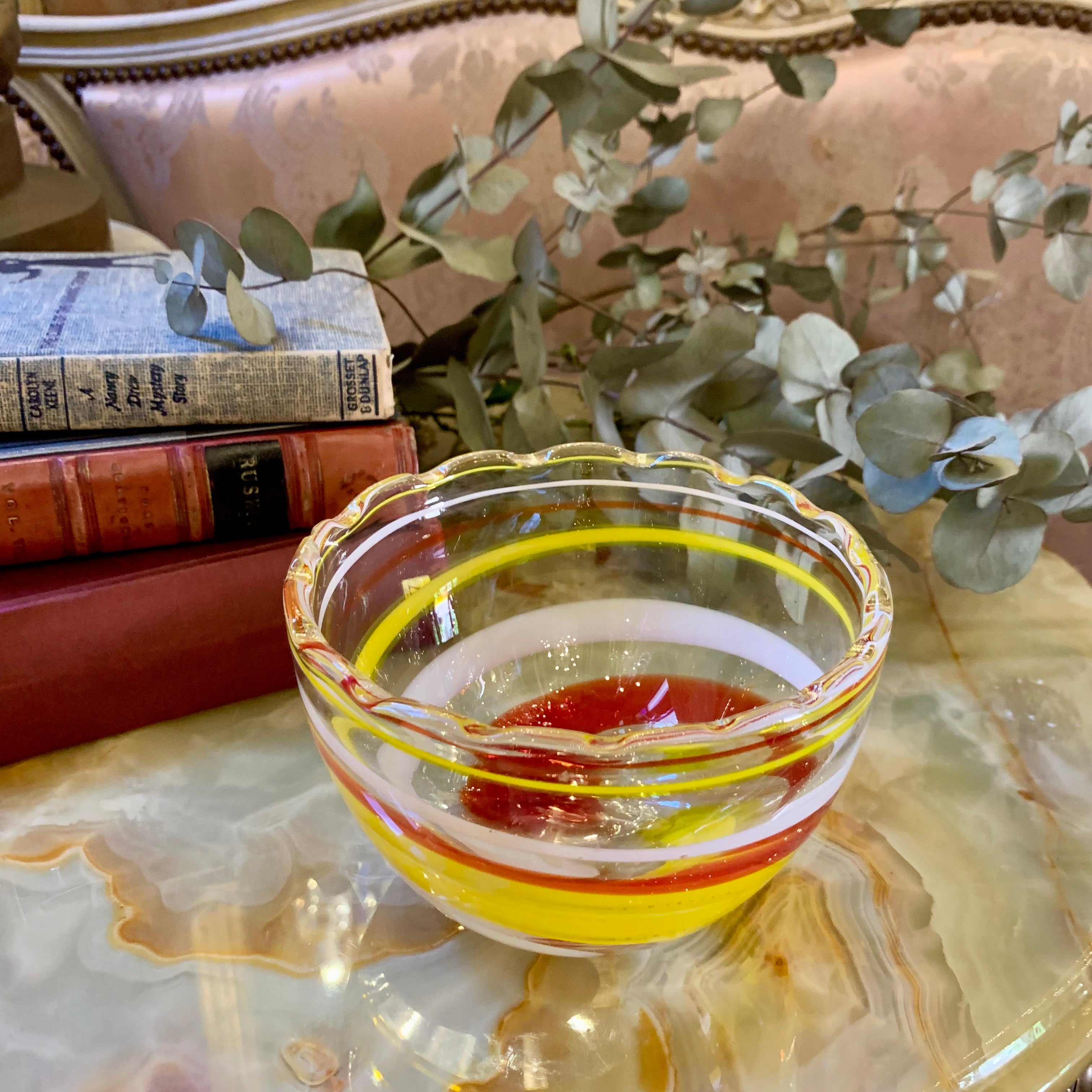 Vintage Orange Striped Clear Glass Bowl