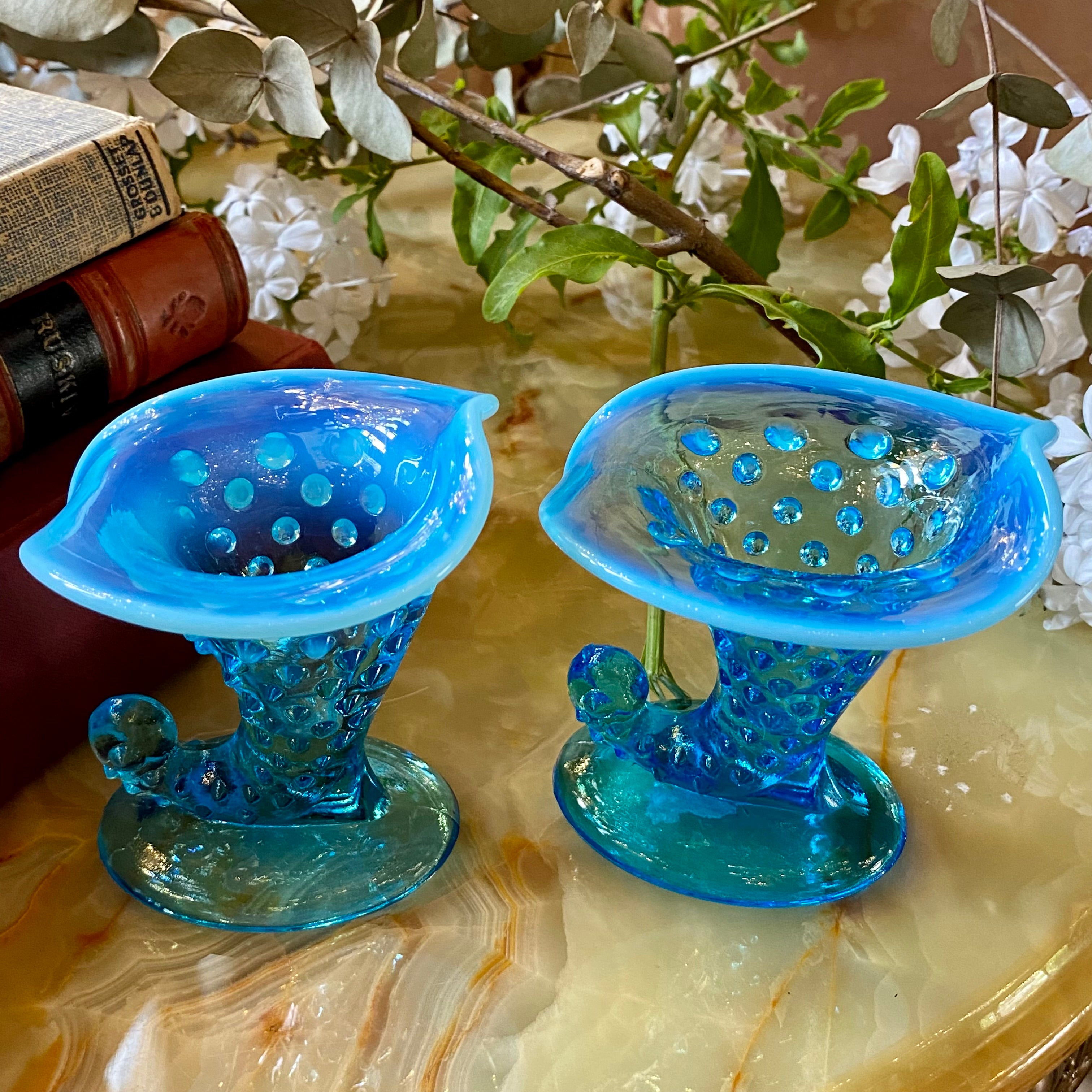 Pair of Petite Vintage Ocean Blue Murano Vases