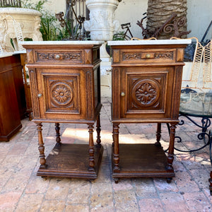 Art Nouveau Oak Bedside Pedestals with Marble Top