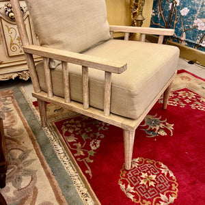 Whitewashed Wood Armchair with Linen Upholstery