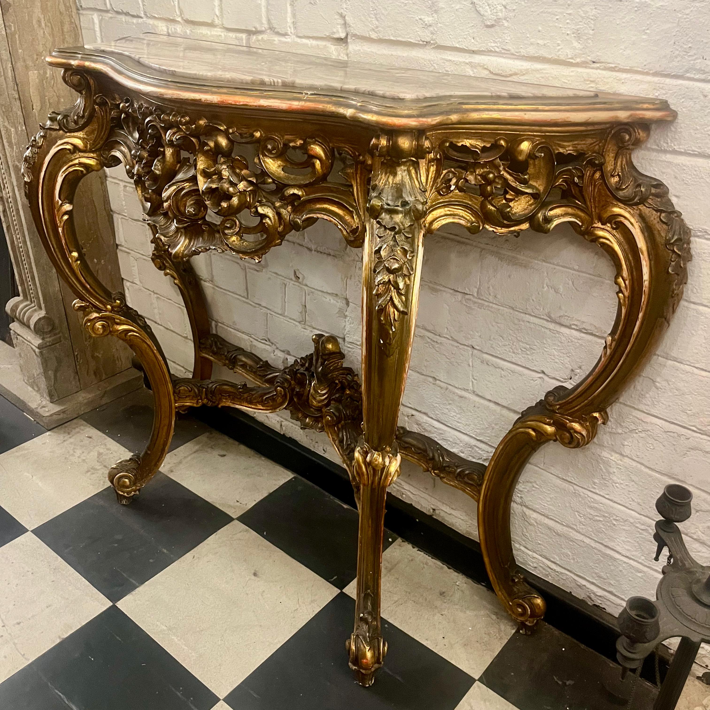 Beautiffuly Carved Gilt Console with Mottled Marble Top - SOLD