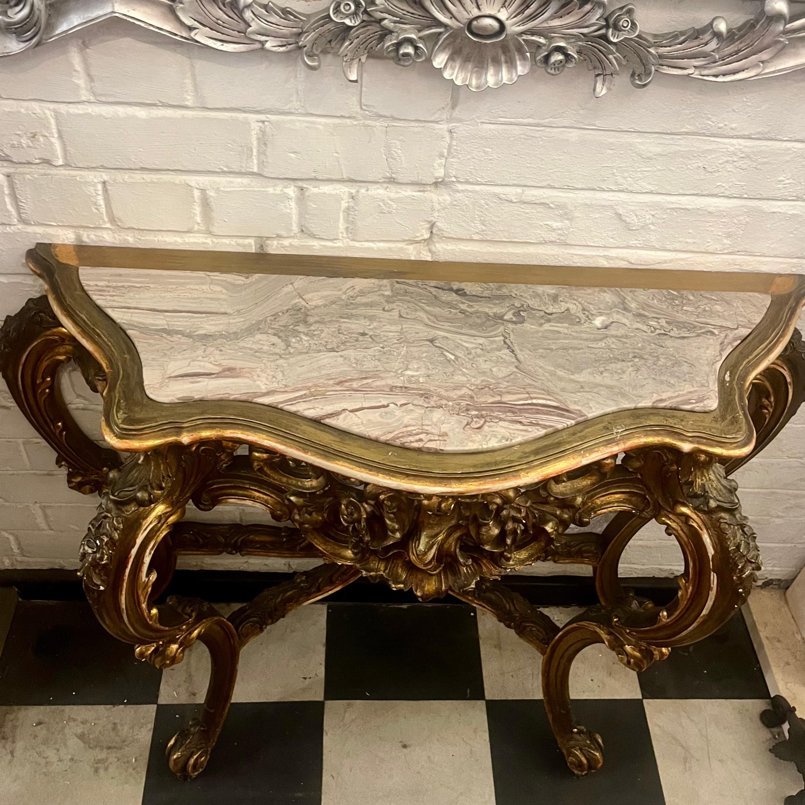 Beautiffuly Carved Gilt Console with Mottled Marble Top - SOLD