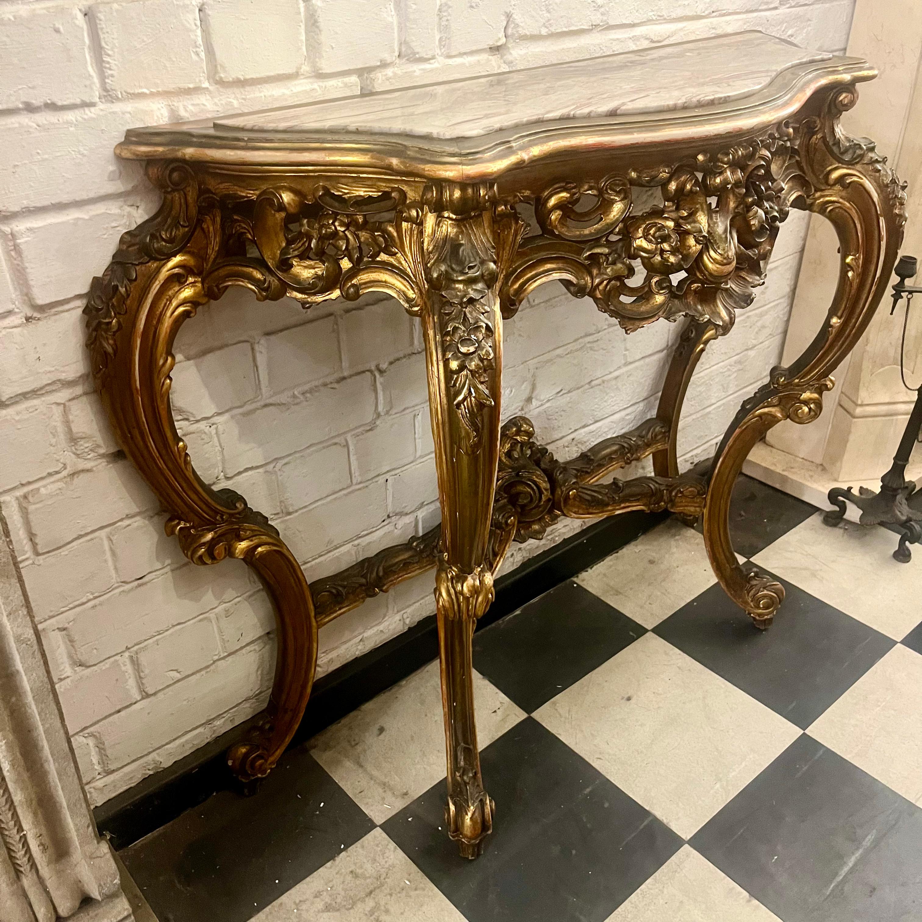 Beautiffuly Carved Gilt Console with Mottled Marble Top - SOLD
