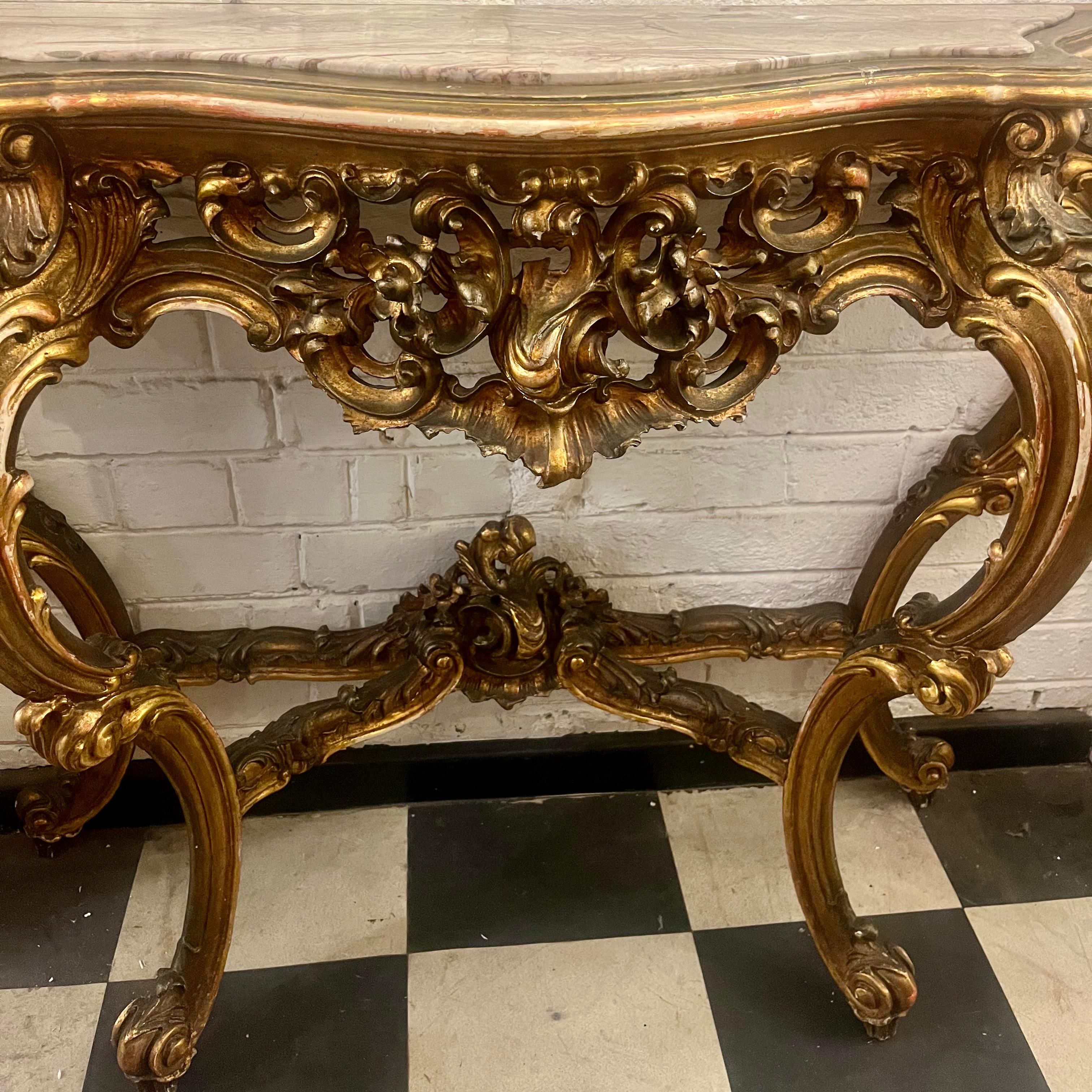 Beautiffuly Carved Gilt Console with Mottled Marble Top - SOLD