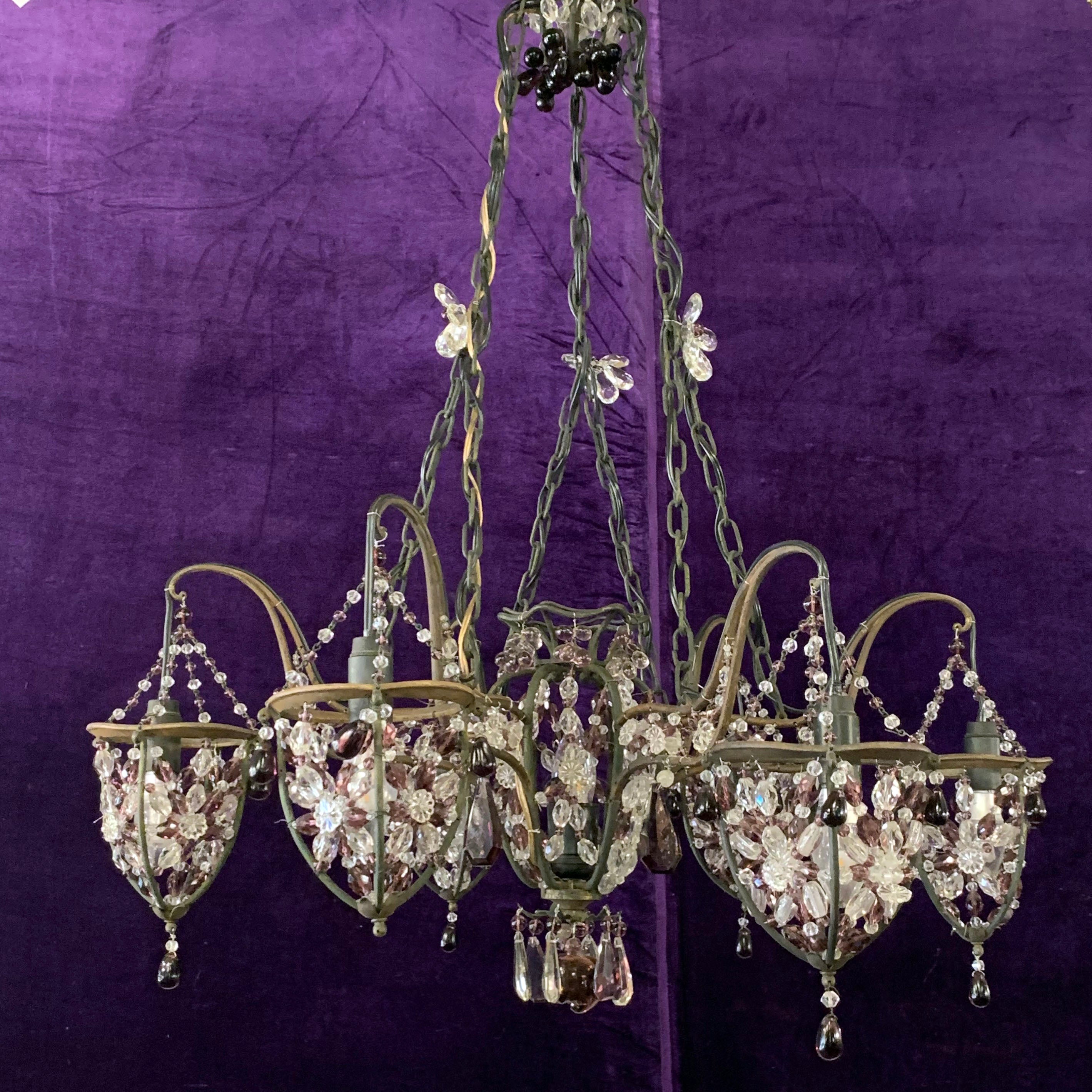 Charming Wrought Iron Chandelier with Purple Venetian Glass Crystals