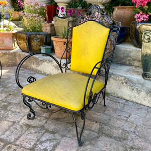 Rustic Wrought Iron Armchair with Yellow Upholstery