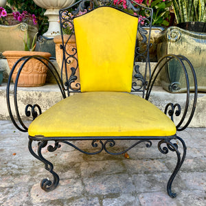 Rustic Wrought Iron Armchair with Yellow Upholstery