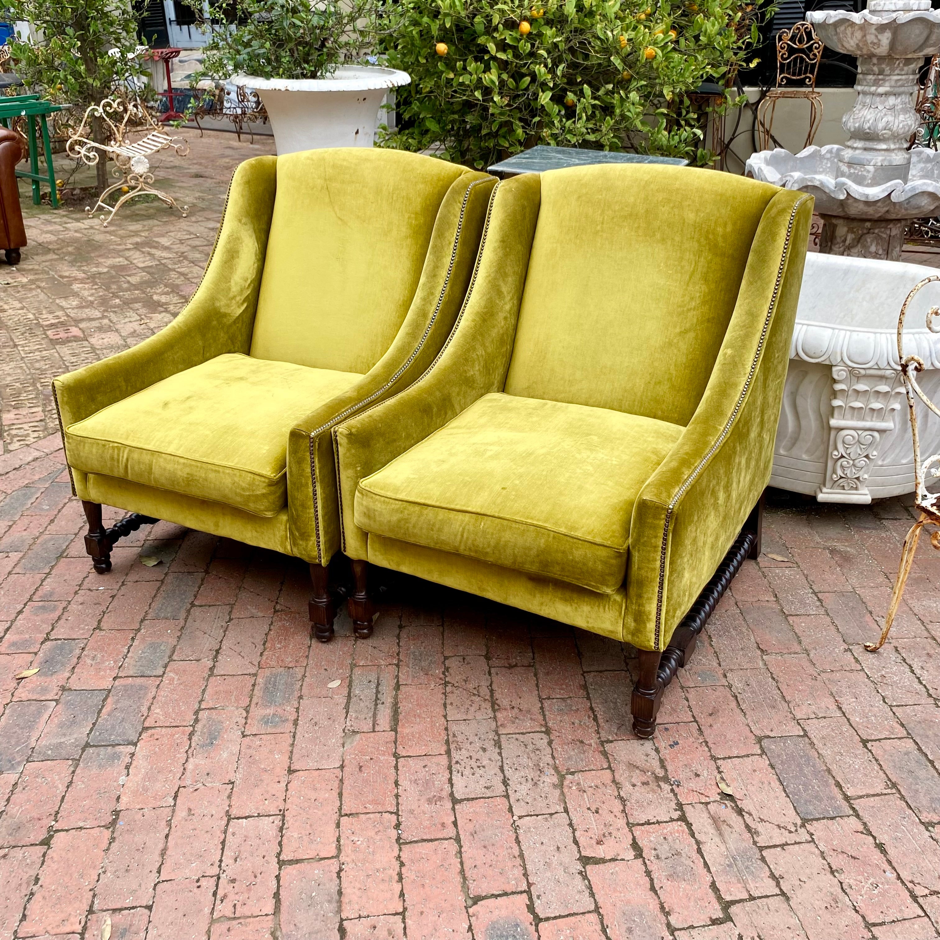 Vintage Pair of Velvet Armchairs with Barley Twist Detailing