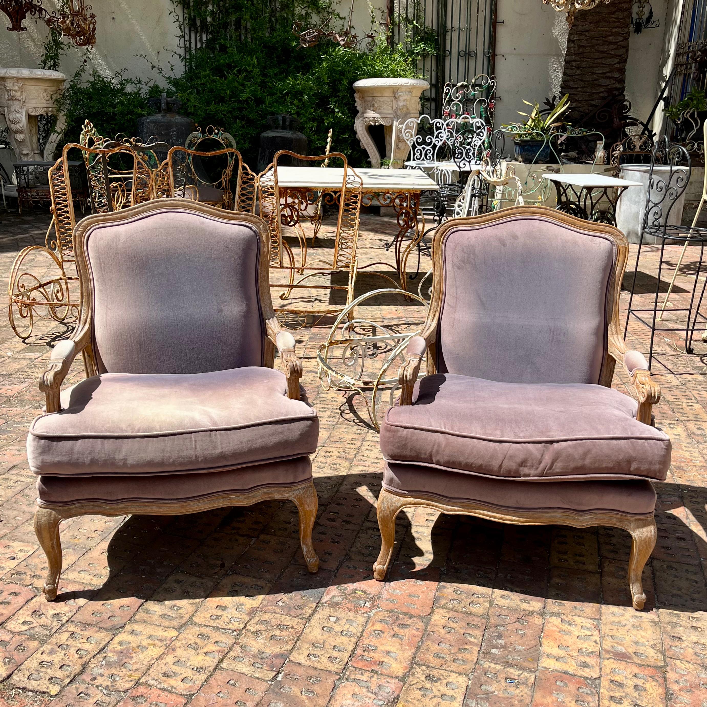 Pair of Lavender Velvet Louis XV Style Armchairs