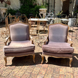 Pair of Lavender Velvet Louis XV Style Armchairs