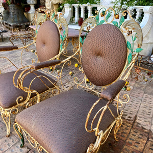 Rustic Wrought Iron Armchairs with Faux Ostrich Vinyl