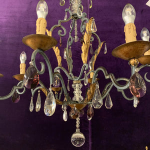 Wrought Iron Chandelier with Gold Leaf detail and Purple Crystals