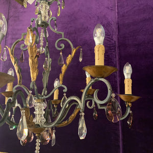 Wrought Iron Chandelier with Gold Leaf detail and Purple Crystals