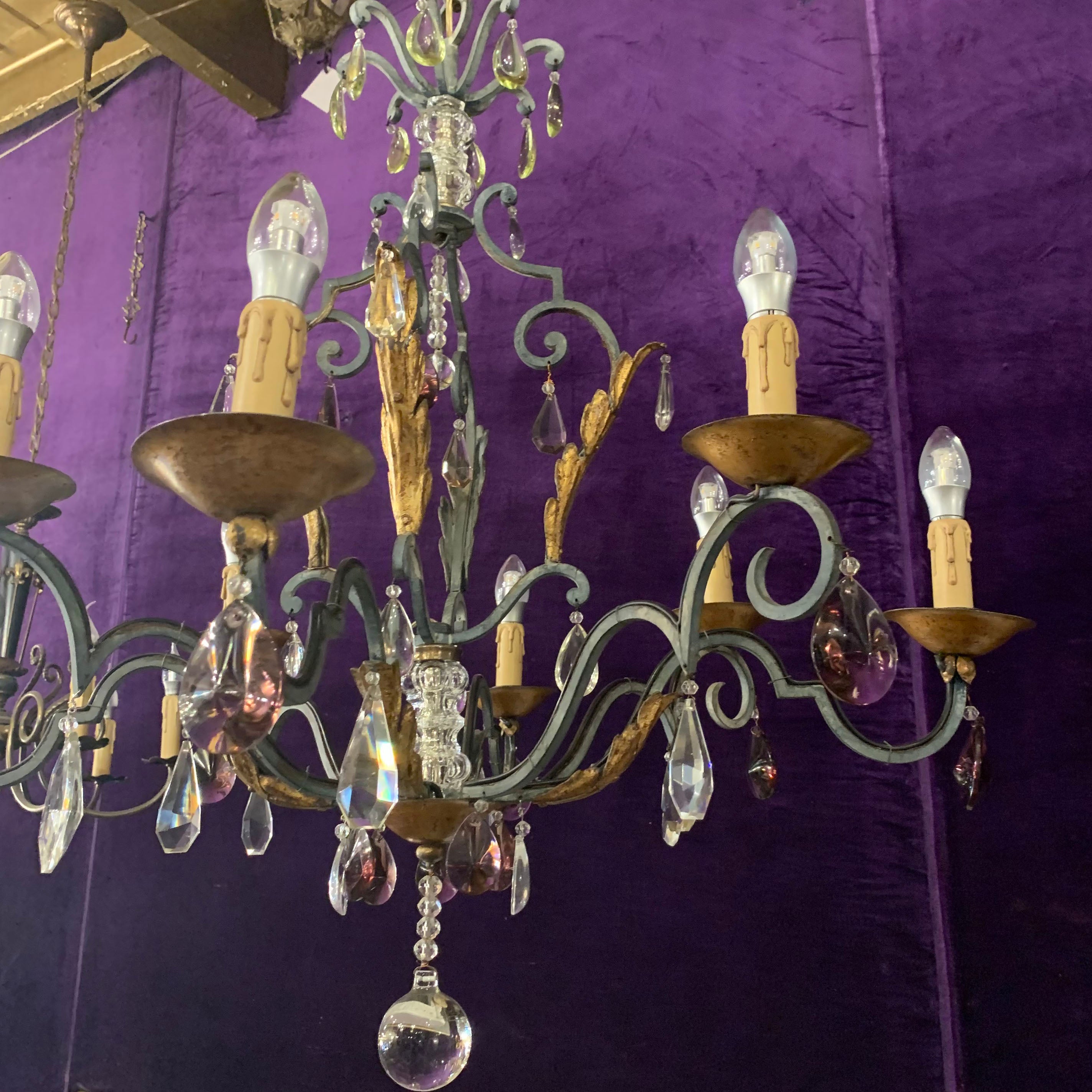 Wrought Iron Chandelier with Gold Leaf detail and Purple Crystals