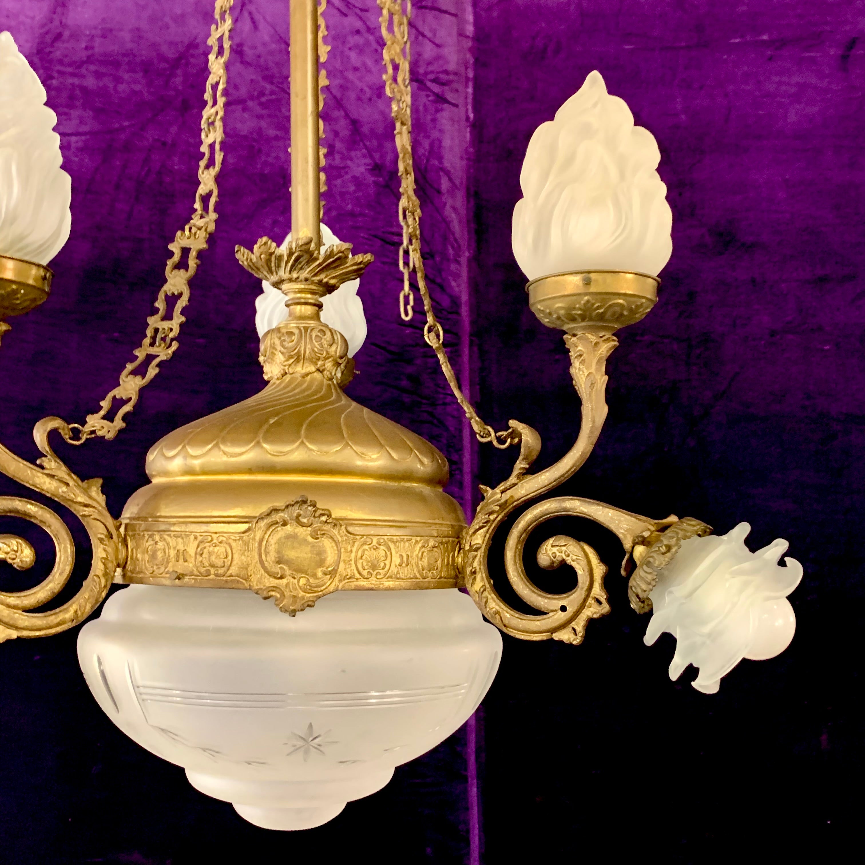 Gorgeous Gilt Empire Chandelier with Original Etched Glass - SOLD