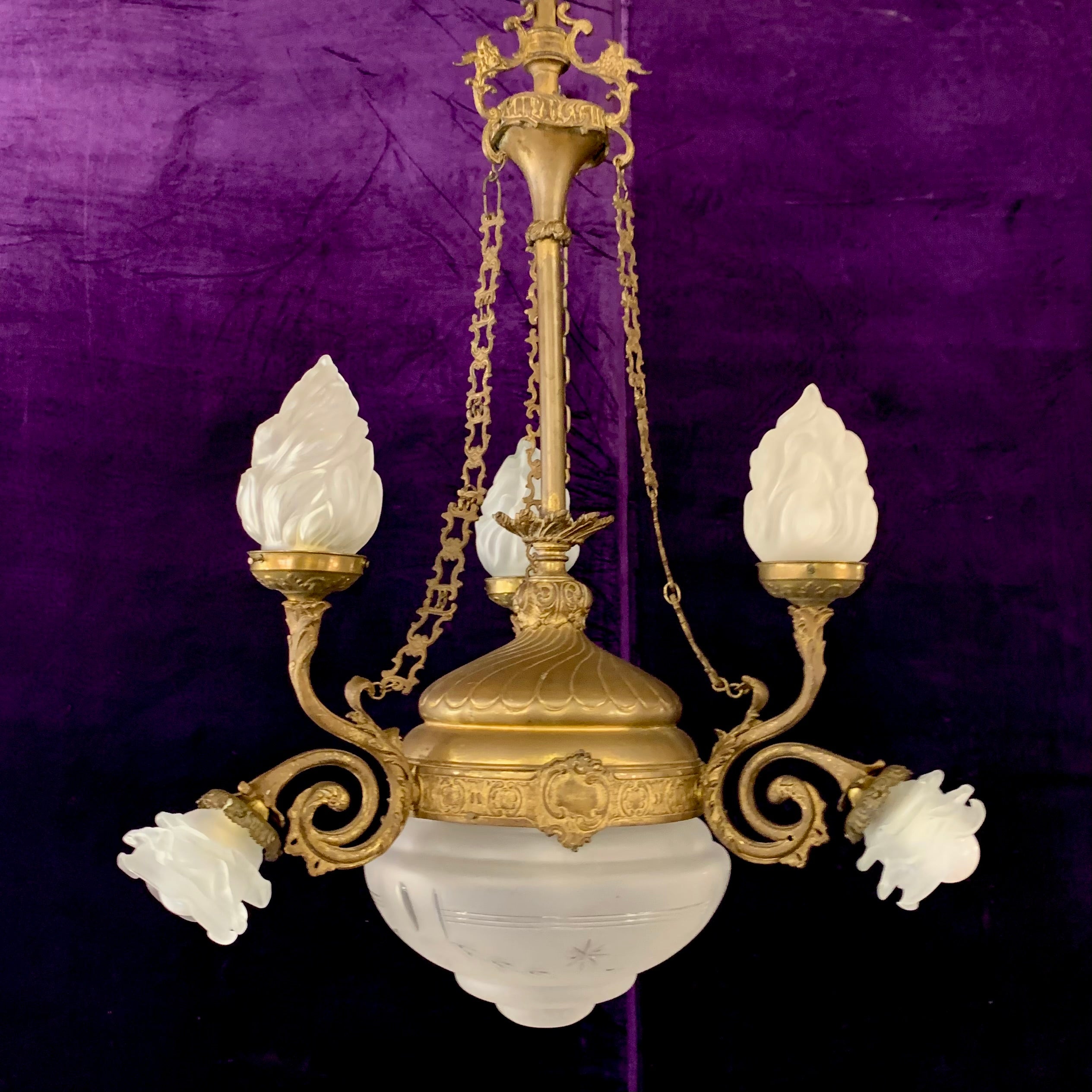 Gorgeous Gilt Empire Chandelier with Original Etched Glass - SOLD