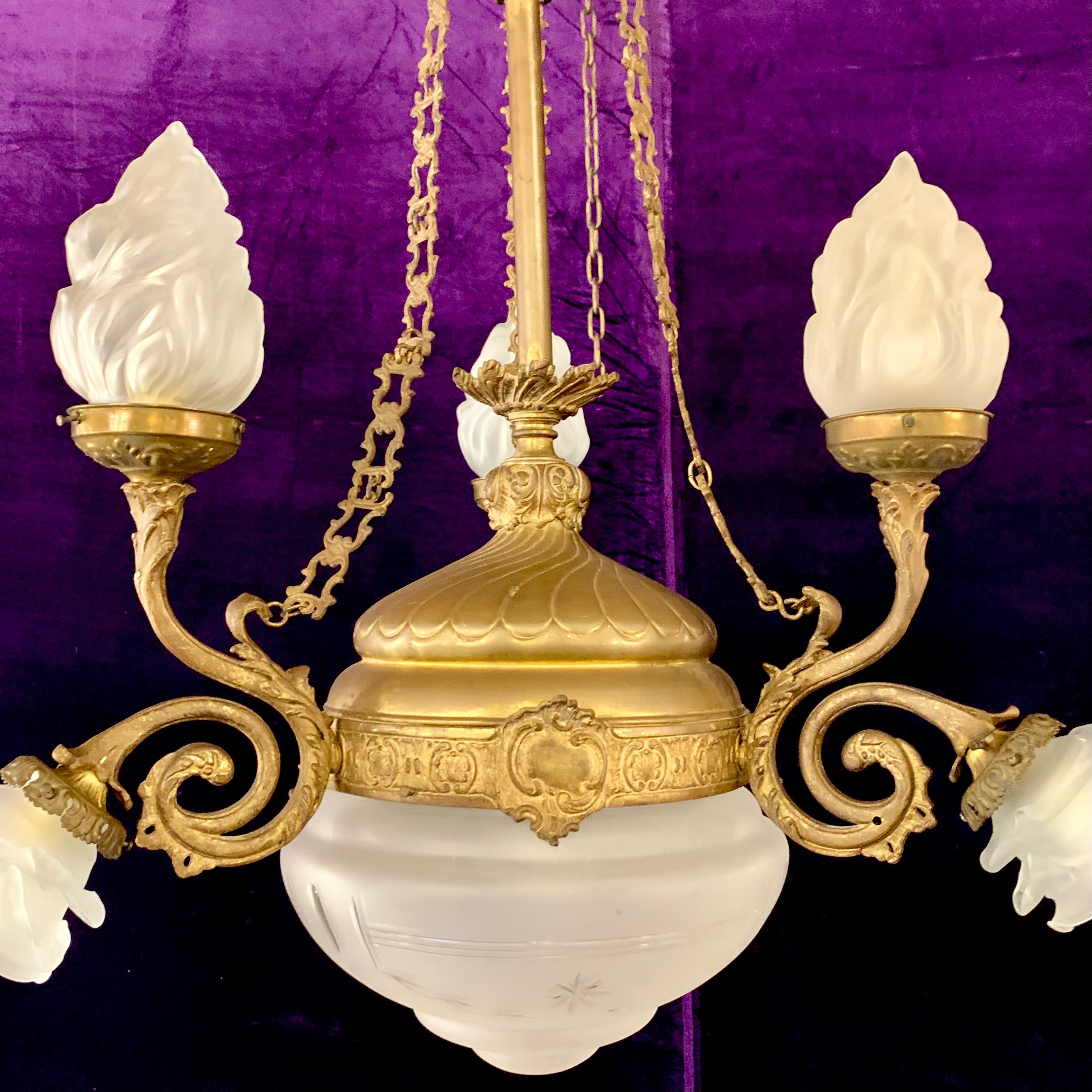 Gorgeous Gilt Empire Chandelier with Original Etched Glass - SOLD