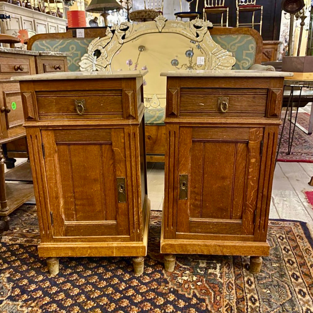 Antique Oak Bedside Pedestals with White Marble Top