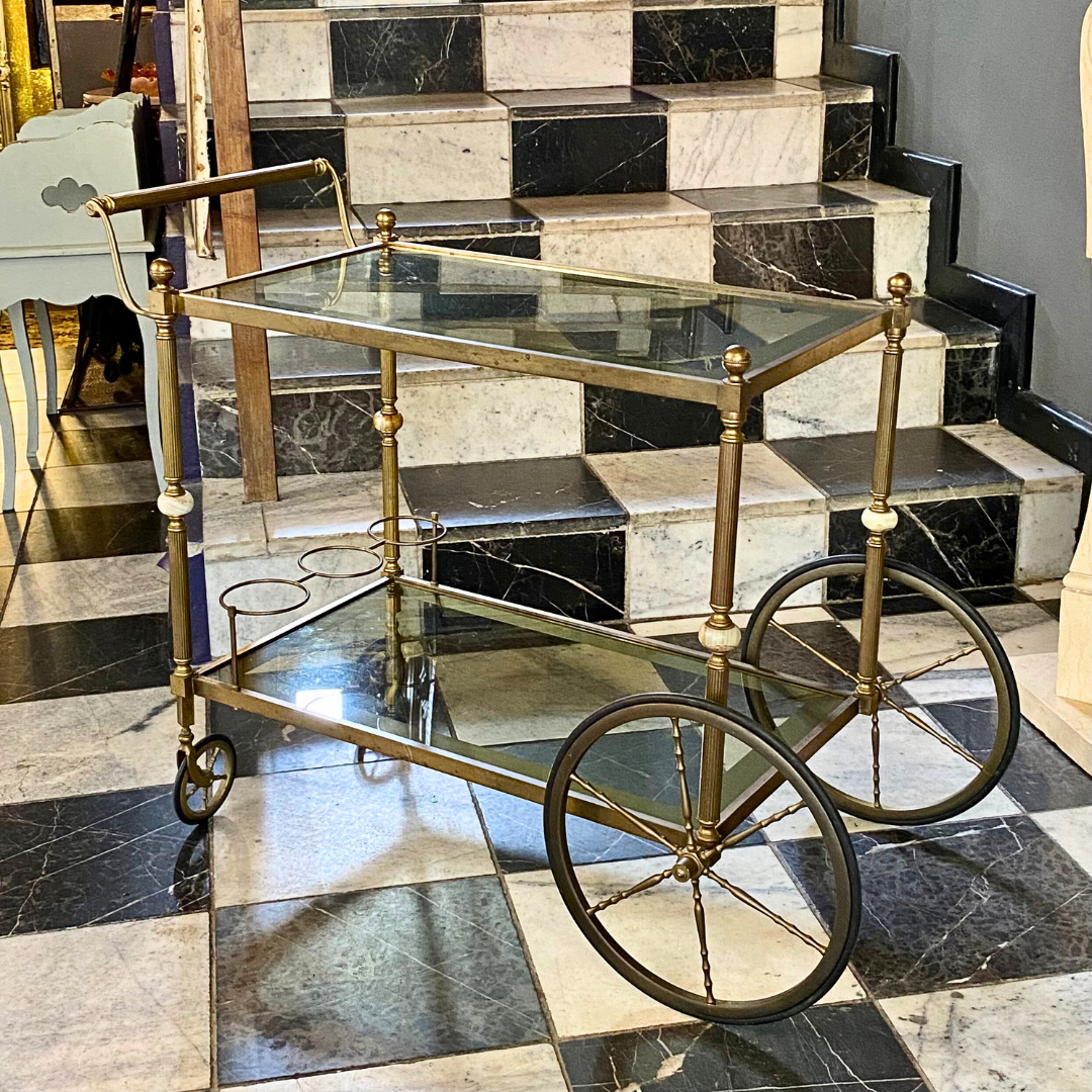 Brass Drinks Trolley with Marble Accent - SOLD