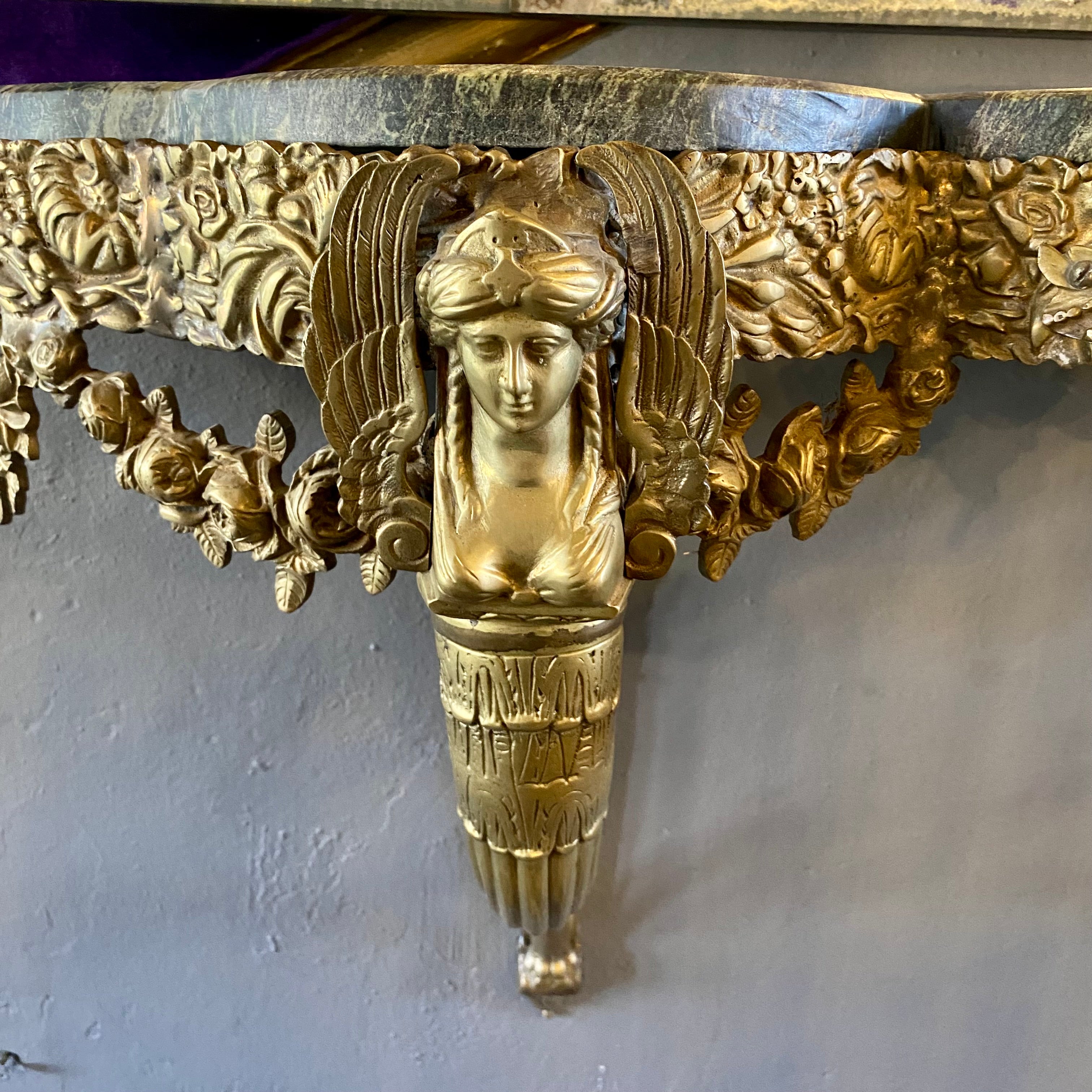 Antique Brass Console with Green Marble Top