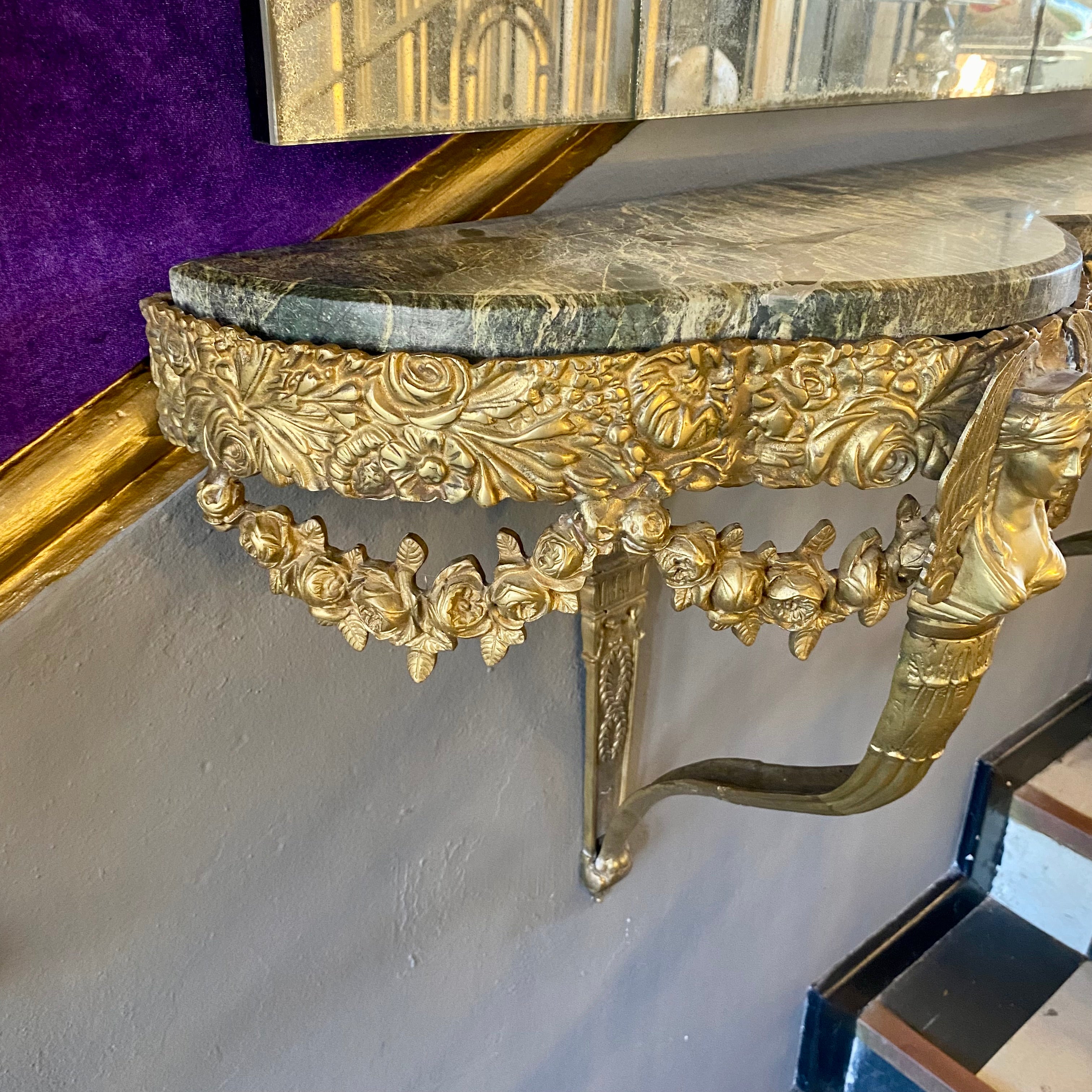 Antique Brass Console with Green Marble Top